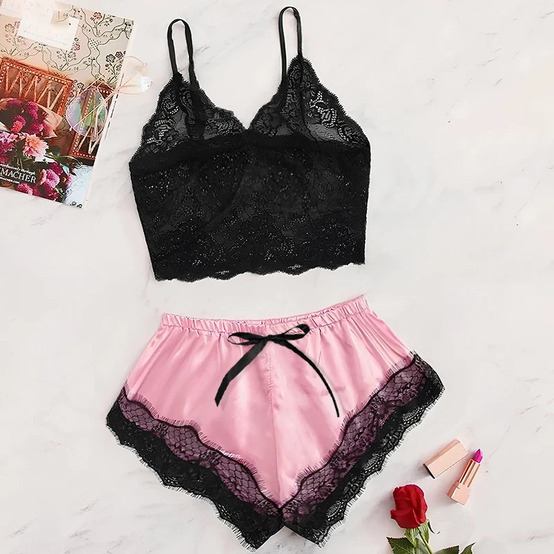 Midnight Lace Sleepwear Set – Sexy Two-Piece Cami and Shorts Lingerie
