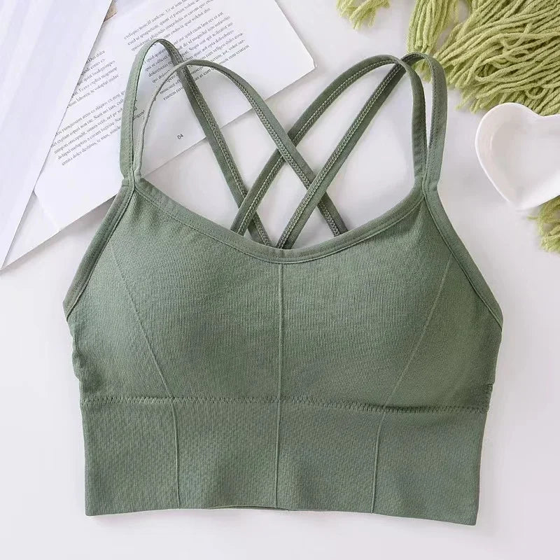 Sexy Women’s Seamless Yoga Bra – Cross-Back Push-Up Fitness Top, Soft Breathable Tank for Gym and Daily Wear.