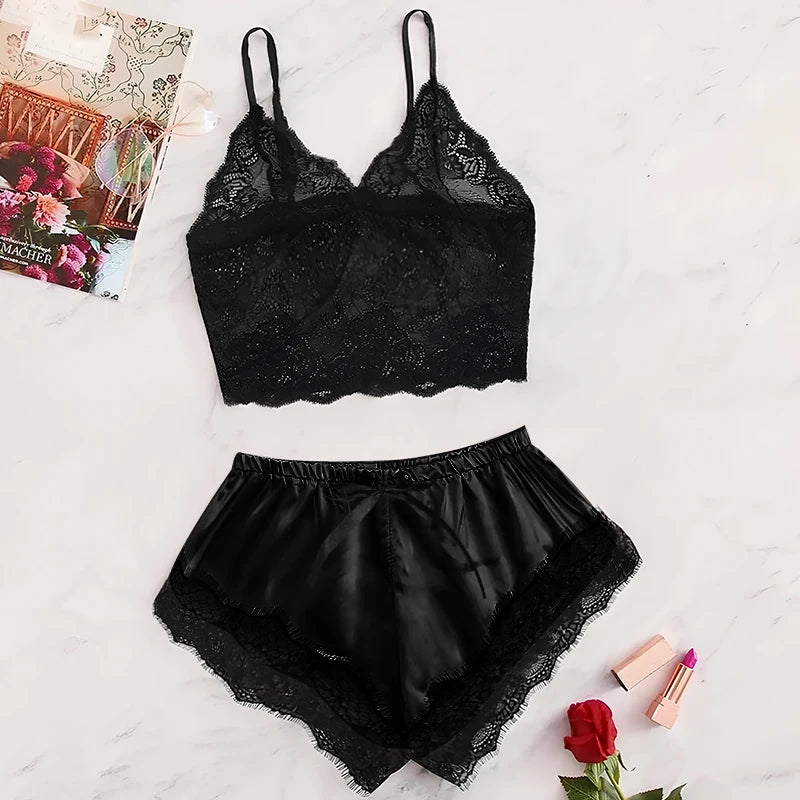 Midnight Lace Sleepwear Set – Sexy Two-Piece Cami and Shorts Lingerie