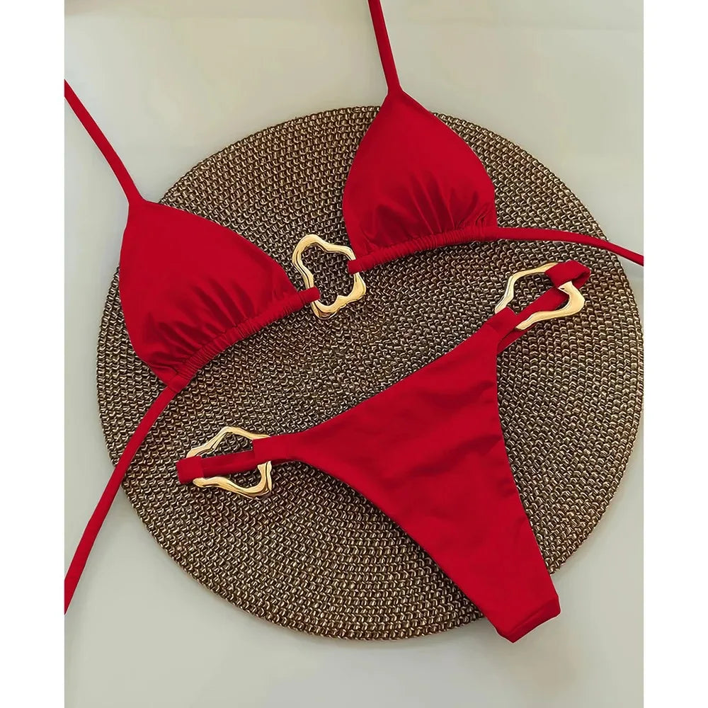 Women’s Lace-Up Bikini – Solid Color Two-Piece Swimsuit with Adjustable Ties
