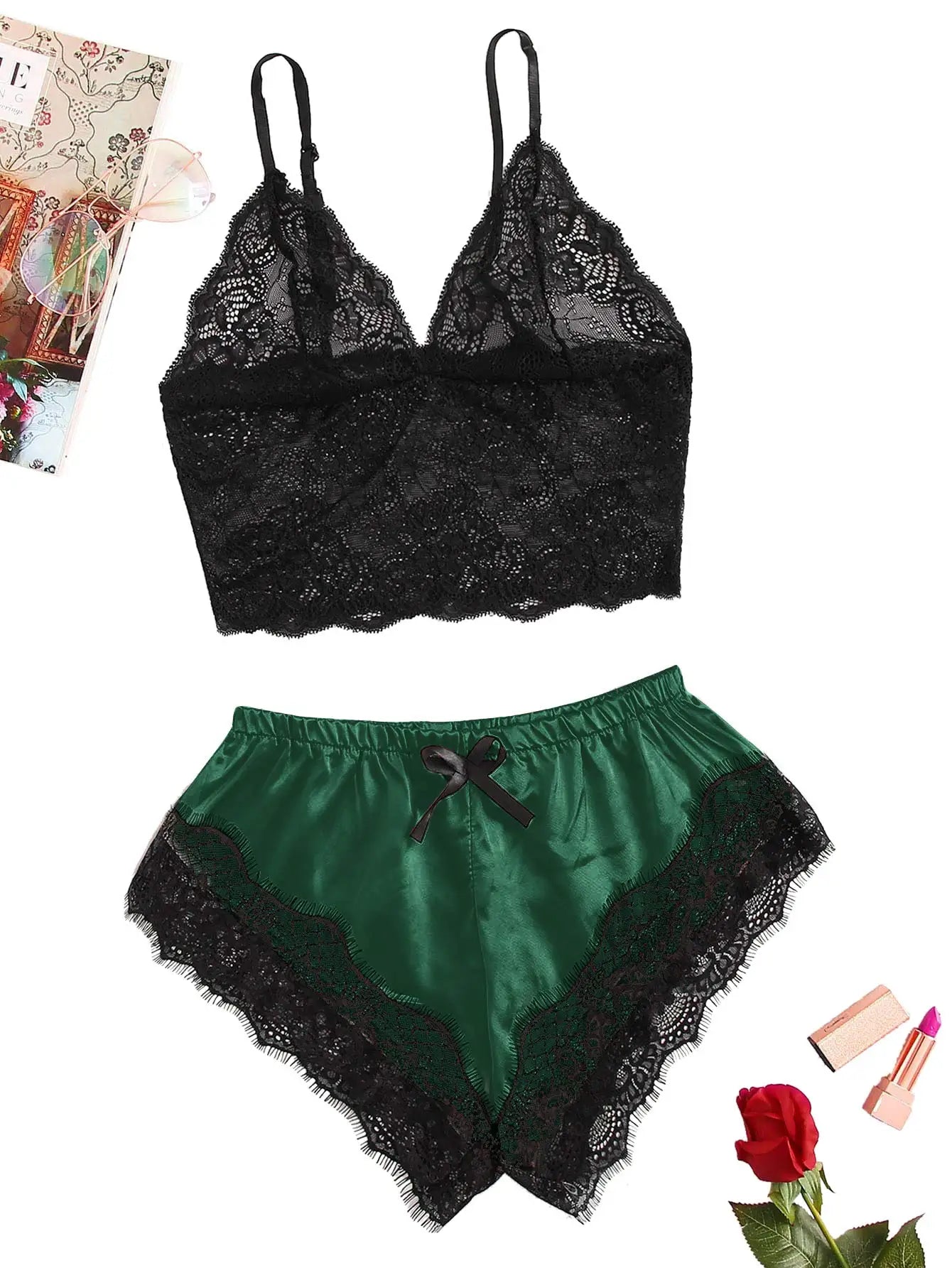 Midnight Lace Sleepwear Set – Sexy Two-Piece Cami and Shorts Lingerie