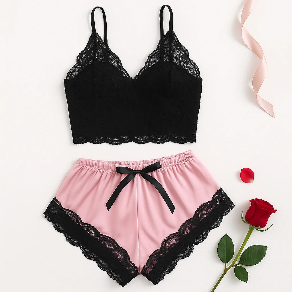 Midnight Lace Sleepwear Set – Sexy Two-Piece Cami and Shorts Lingerie