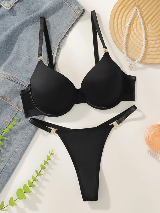 European and American women's sexy lingerie set black pull up bra thong spring and summer
