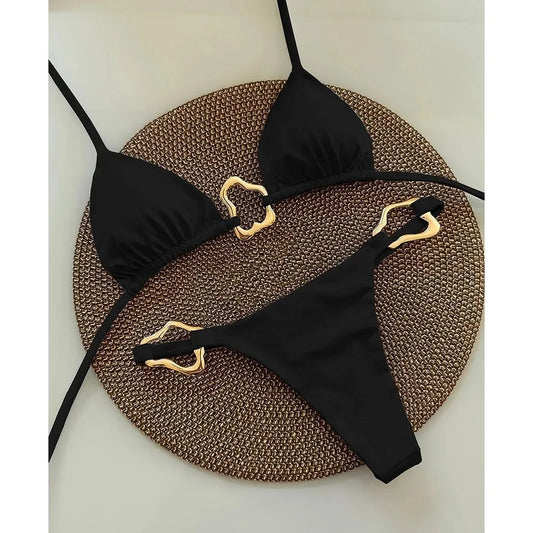 Women’s Lace-Up Bikini – Solid Color Two-Piece Swimsuit with Adjustable Ties