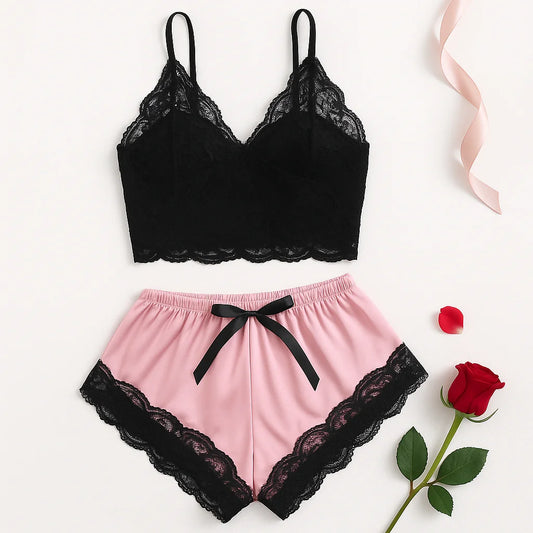 Midnight Lace Sleepwear Set – Sexy Two-Piece Cami and Shorts Lingerie